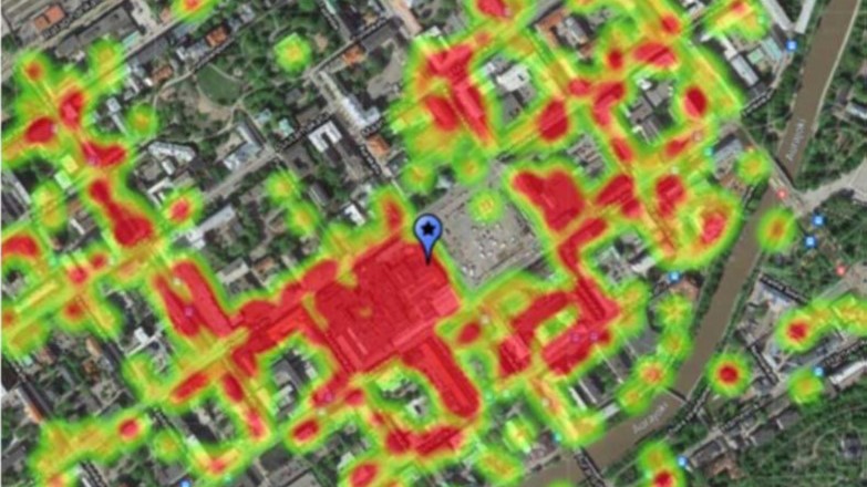 Turun keskustan voimakartta. Lähde: Suosituksia kestävään keskustakehittämiseen -raportti. Pohjakartta © Google Maps