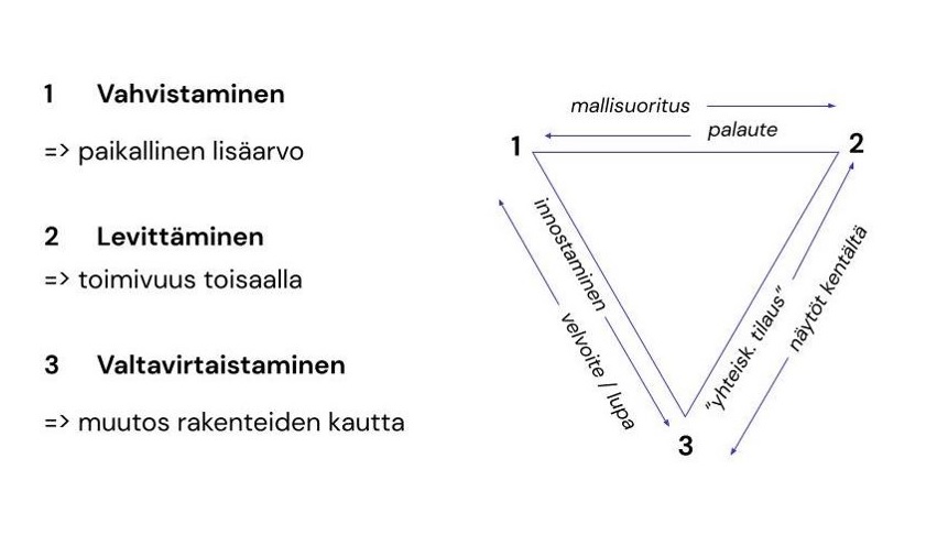 Skaalauksen alalajit: 1 Vahvistaminen eli paikallinen lisäarvo, 2 levittäminen eli toimivuus toisaalla, 3 valtavirtaistaminen eli muutos rakenteiden kautta